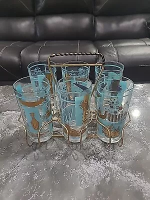 Vintage Mcm Set Of 6 Beautiful Turquoise & Gold Tumblers W/ Carrier 1 Extra Cup • $80