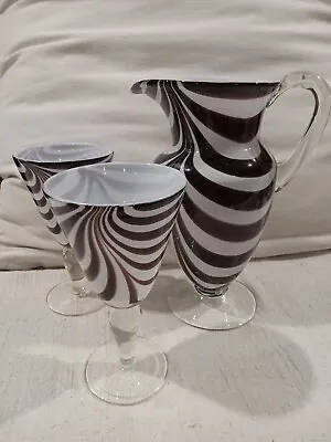 MURANO CARLO MORETTI Blown Glass Pitcher + Pair Goblets Swirled White Aubergine • $159.99