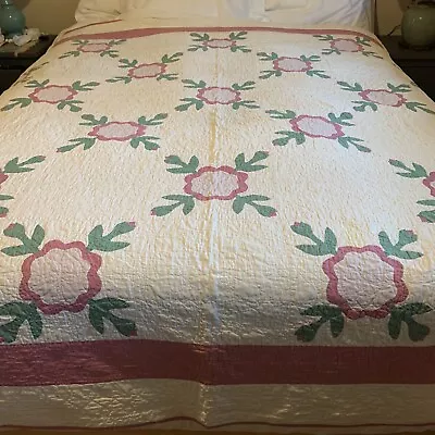Antique 1930''s Pink Green And White Applique Quilt Vintage • $69