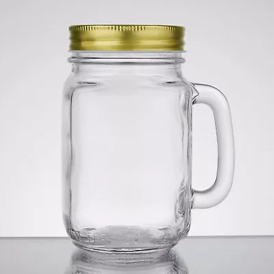 12 Acopa 16 Oz. Mason /  Drinking Jar With Handle And Gold Metal Lid • $47.89