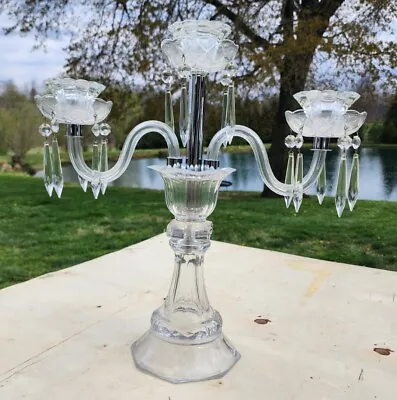 Vintage Crystal/Glass Boudoir Candelabra 3 Arm Crystal Prisms Candle Holder 18  • $70