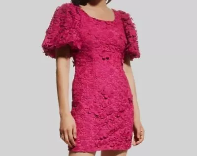 $395 ZAC Posen Women's Fuchsia Puff-Sleeve Floral Lace Mini Dress 10 • $126.78