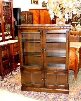 English Antique Oak Glass Door Bookcase / Display Cabinet • $1800