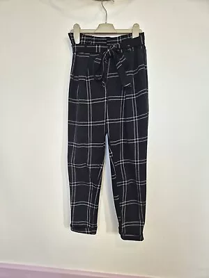 Primark Black & Grey Check Checked Paperbag Peg Leg Cropped Crop Trousers Size 6 • £1