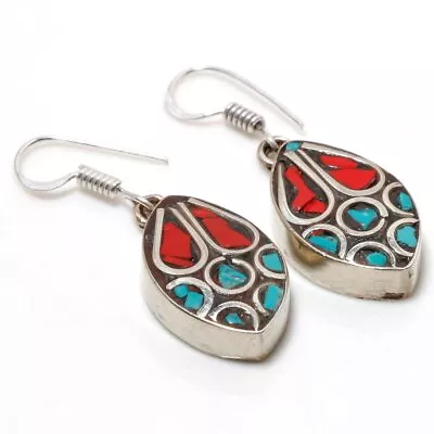 Tibetan Turquoise Coral Ethnic Tribal Drop/Dangle Earrings Nepali 1.70  SR 5064 • $4.99