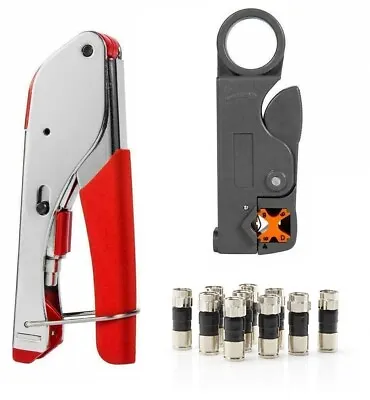 Coax Tool Kit Coaxial Crimper RG6 RG59 Cable Stripper 10x Compression Connectors • $19.94