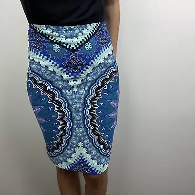 Tigerlily Pencil Skirt Blue Teal Green Mandala High Waist Boho Hippie Size S 8 • $29.95