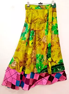 Vintage Sari Magic Wrap Skirt Multicolor Bohemian Double Layer Skirt Maxi Hippie • $36.44