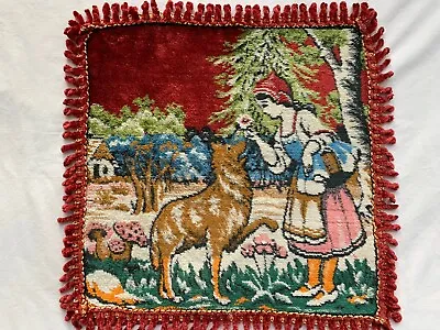 Vintage Tapestry Velvet Fringe Throw Pillow Cushion Cover Girl With Dog • $18.17