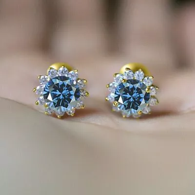 2Ct Round Cut Blue Tanzanite Push Back Halo Stud Earrings 14K Yellow Gold Plated • £103.27