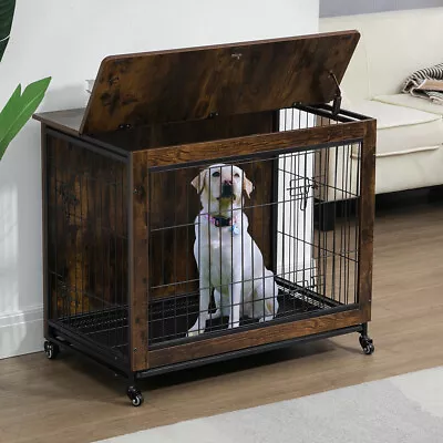 Dog Crate Furniture Dog Kennel Wooden Dog Crate End Table Chew-Proof With Wheel • $191.42