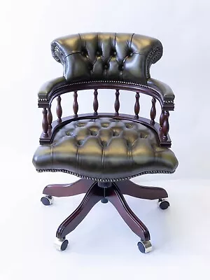 Chesterfield Captains Desk Chair In Mahogany Finish - Antique Olive Leather • £628