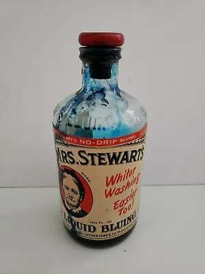 Vintage 1955 Mrs. Stewart's Liquid Bluing Embossed Glass Bottle Wood Top • $31