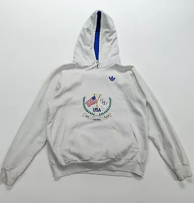 Vintage 80s Adidas 1988 Olympic Team  Hoodie L Embroidered Sweatshirt USA Made • $79.94