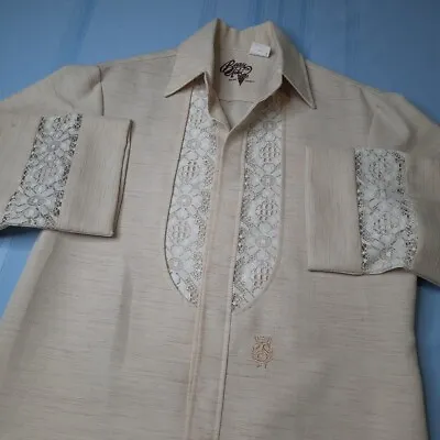 VINTAGE Beau Tiki Men Hawaiian Wedding Shirt Beige Lace Iolani Hawaii Size M • $29.88