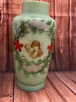 Vintage BRISTOL Glass Vase: Hand Painted Child Portrait Face Flowers Jadeite • $16.99