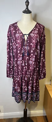 Tigerlily Dress Long Sleeve Mini Maroon Floral Paisley Tassle Boho Hippy Size 10 • $45