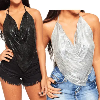Womens Chainmail Halter Neck Top Ladies New Short Cropped Backless Metal Bralet • £19.99