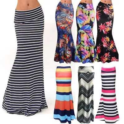 Boho Womens Ladies Floral Bottom High Waist Stretch Long Skirt Summer Maxi Dress • $11.57