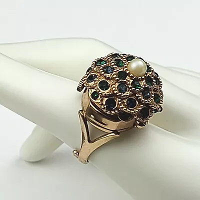 Vintage Sheffield Domed Faux Pearl Rhinestone Ring Watch Works Missing 1 Stone   • $67.50