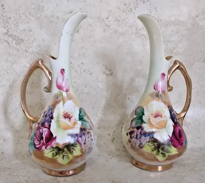 Set Of 2 Vintage Ucagco Pitcher Vases Roses Floral Gold Accents Trim 7  Tall • $19.99