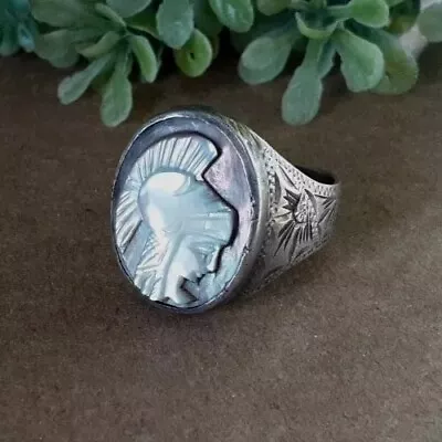 Vtg Sterling Silver Etched Athena Goddes Carved Shell 13/16  Ring Sz 9.25 #4ny • $20.50