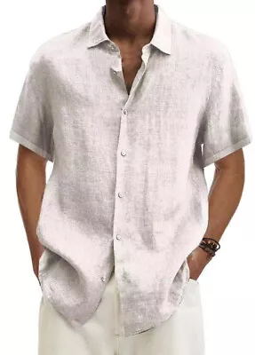 Mens Linen Style Short Sleeve Solid Shirts Casual Fit Formal Dress Top Tee Shirt • $19.94