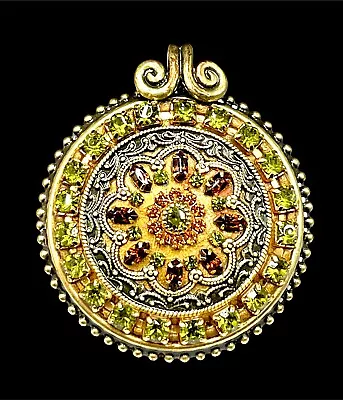 Michal Golan Brass Lime Green Topaz Brown Rhinestone Ornate Statement Pendant • $94.95