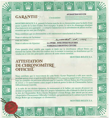 1996 Genuine Rolex Original Vintage Warranty Papers 69273 President - Punched • $147.15