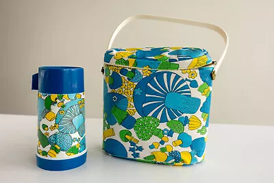 Vintage 70’s Aladdin Vinyl Mushroom Lunch Box And Thermos Blue • $75