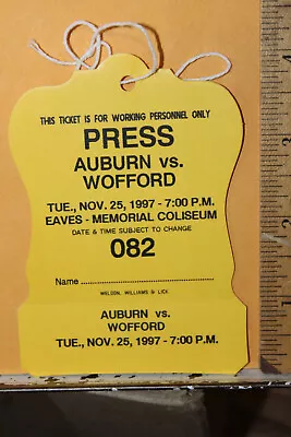 1997 Auburn University Vs Wofford Basketball Ticket Press Pass Media • $10