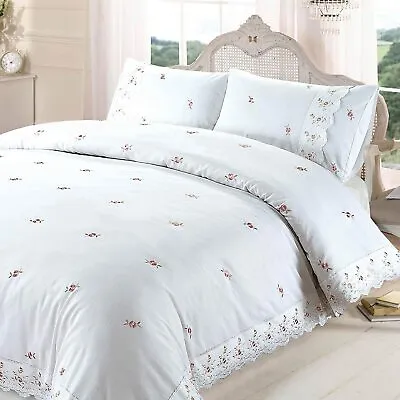  Lace Trim Embroidered Duvet Quilt Cover Bedding Set White/Pink • £29.95