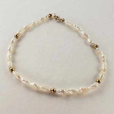 Pearl Beaded Bracelet & 14k Yellow Gold Clasp & Beads 7in [7378] • £52.30