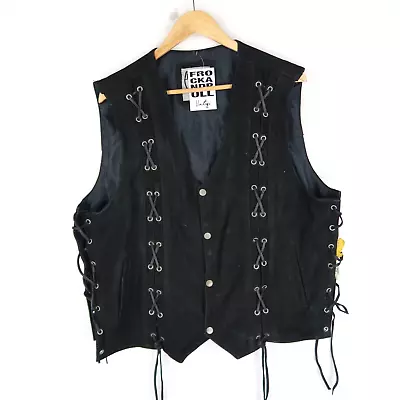 Leather Vintage Vest Waistcoat Black Rock Biker SZ  3XL  (T724) • £19.95