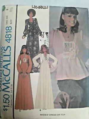 Dress Gown Top McCalls Sewing Pattern 4818 Size 8 Cut VTG 70s Maxi Prairie Easy • $11.39