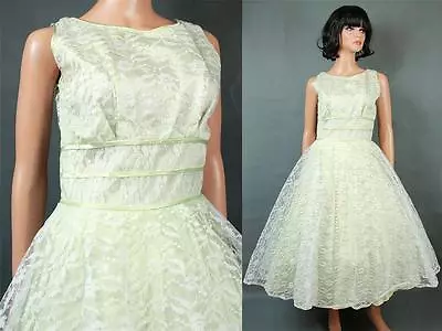 50s Prom Dress S Vintage White Pale Green Lace Tea Length Party Wedding Gown • $206.25