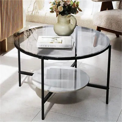 Round Glass &Marble Heavy Coffee Table With Open Storage Shelf Strong Metal Legs • $169.90