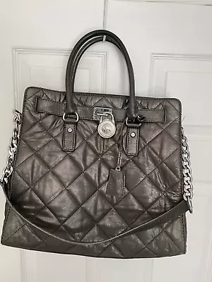 Michael Michael Kors Hamilton Quilted Leather Tote Satchel Pewter Gray Metallic • $69