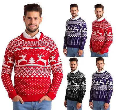 Mens Christmas Jumper Xmas Tree & Reindeer Long Sleeve Knitted Crew Neck Sweater • £13.95