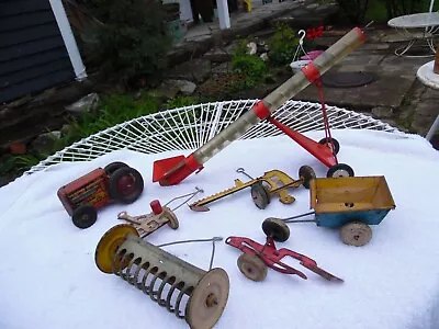 Vintage Mar Toy Metal Red Tractor With Lots Of Farm Equipment! • $79.99