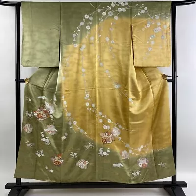 Japanese Silk Kimono Houmongi Gold Flower Circle Running Water Dyed Green 61  • £199.55