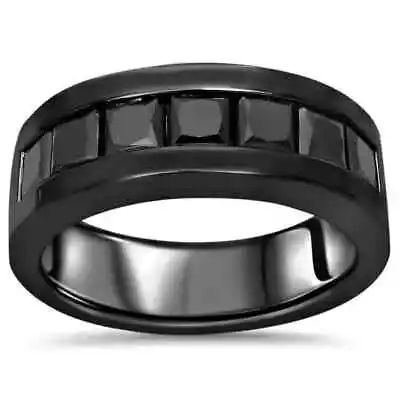 2 Ct Princess Lab Created Black Diamond Men's Wedding Band 14K Black Gold Plated • $131.99