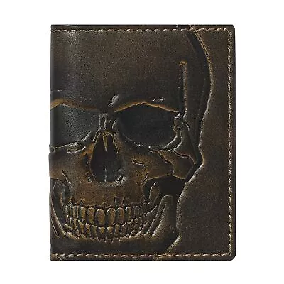 Minimalist Skull Slim Card Wallet Hand-burnished Premium Leather Compact Bifold • $43.48