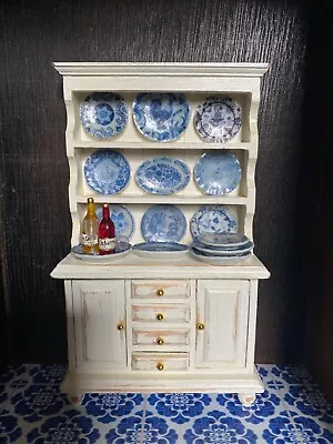 Miniature Hutch Distressed To Look Vintage; W Blue & White China Ceramic Plates • $49.97