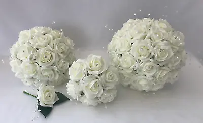 £12 • Buy Wedding Flowers Ivory Rose Crystal Bouquet, Bride, Bridesmaid, Flower-Girl Wand