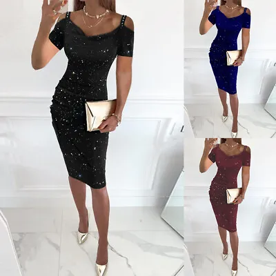 Womens Sexy Cold Shoulder Bodycon Ladies Evening Cocktail Party Mini Dress Size • £3.09
