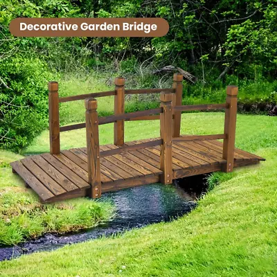 150 Cm Wooden Garden Bridge With Double Safety Rails For Backyard Gravel Road • £94.42