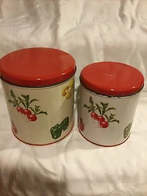 Vintage 1950's Decoware Metal Round Canister Set Of 2 Red Covers Vegetables • $22.99