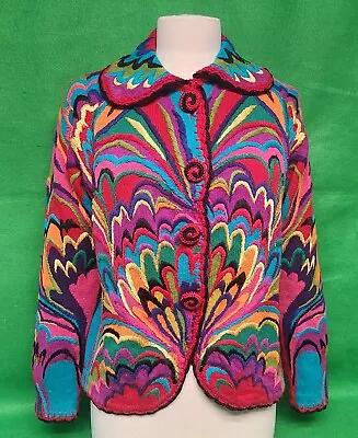 Michael Simon Embroidered Flame Stitch Cardigan Sweater L C. 1990s RARE VALUE • $149.99