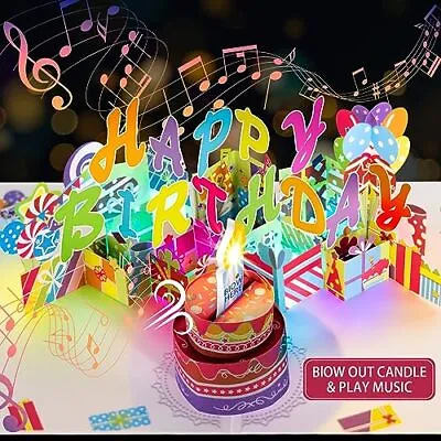  3D Musical Birthday PopUp Card With Blowable LED Light Candle And Happy  • $22.77